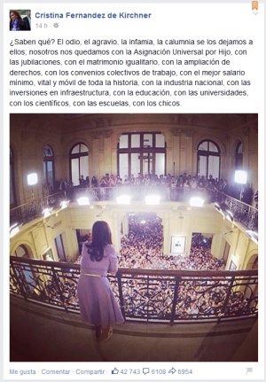 El mensaje de Cristina Fernández en Facebook.