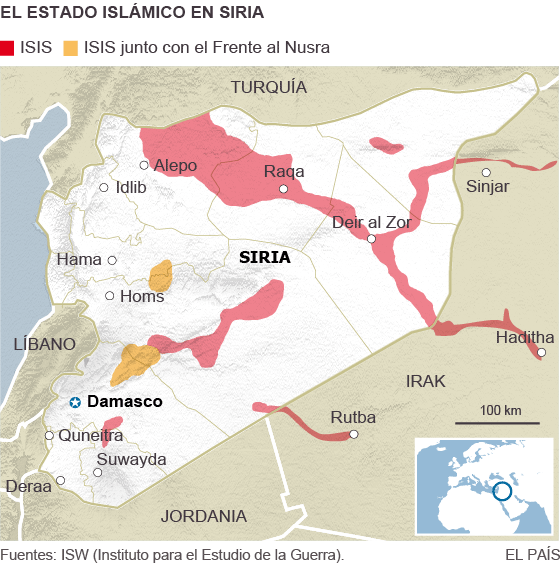 Mapa de Siria con las zonas ocupadas por el ISIS