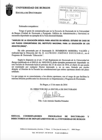 Hoja de registro de la tesis de Moreira en la Universidad de Burgos, fechada el 12 de enero, cuatro días antes de su arresto en Madrid.
