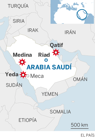 Mapa de localización de los tres atentados en Arabia Saudí