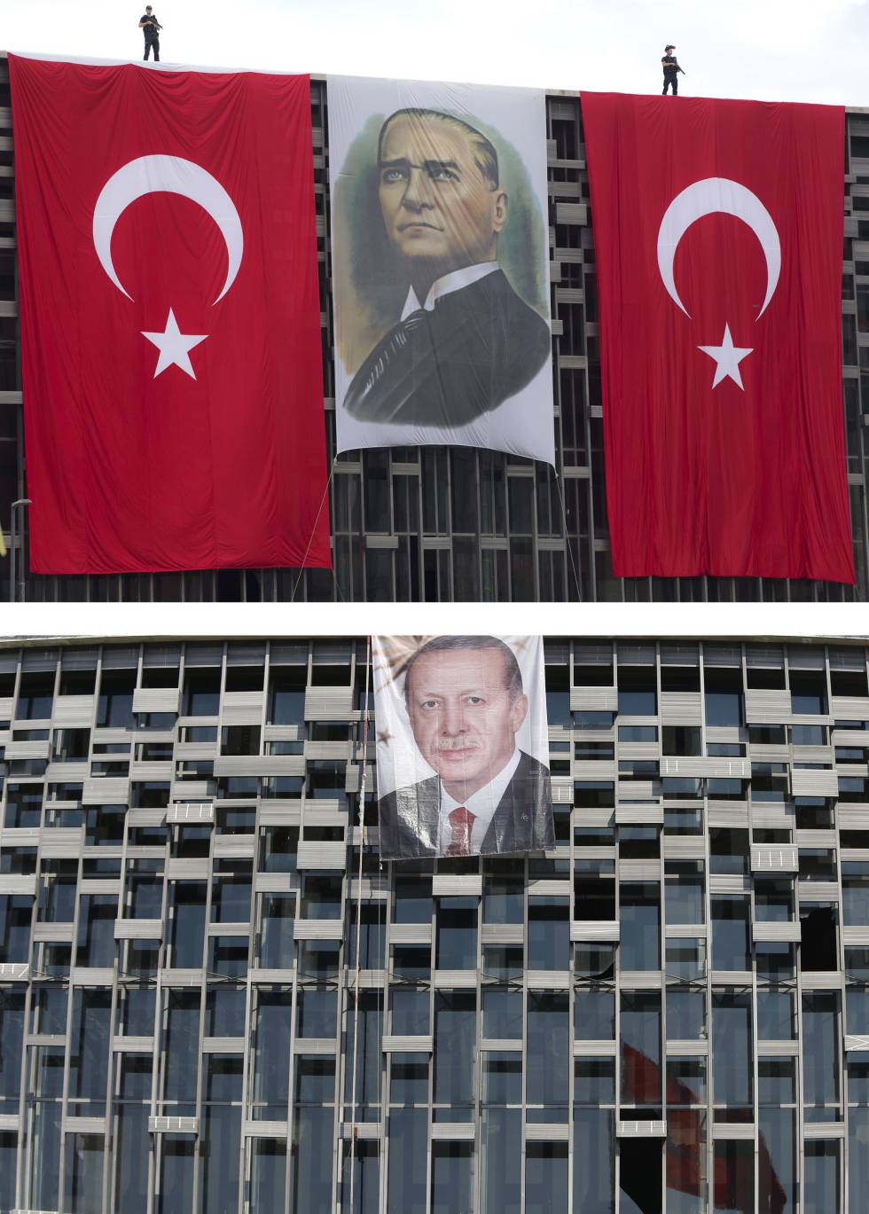 Una foto de Ataturk y otra de Erdogan cuelgan en la plaza Taksim de Estambul.