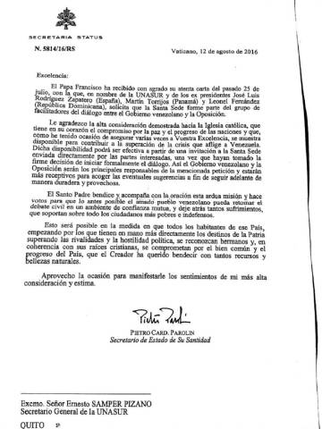 Carta enviada desde el Vaticano a Unasur.