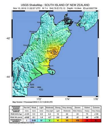 Mapa de la zona afectada por el terremoto distribuido por el Servicio geológico de los Estados Unidos.