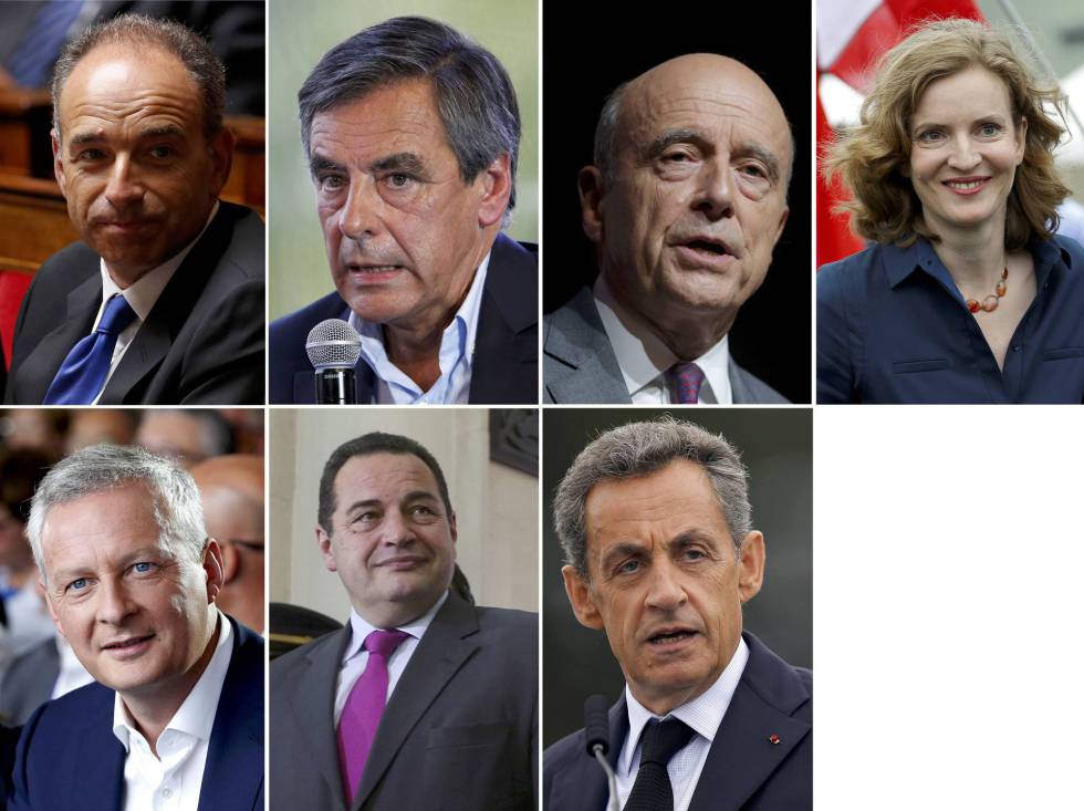 Los siete candidatos en las elecciones primarias de la derecha francesa.