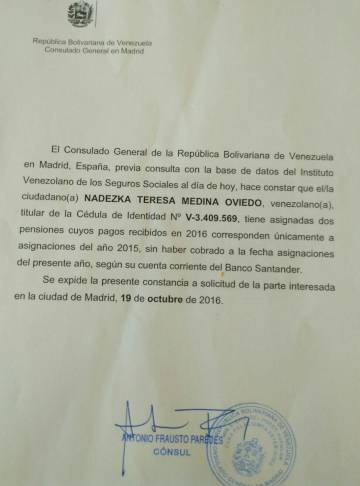 El Consulado de Venezuela en Madrid ha accedido a certificar que los jubilados no están recibiendo los pagos correspondientes a 2016.