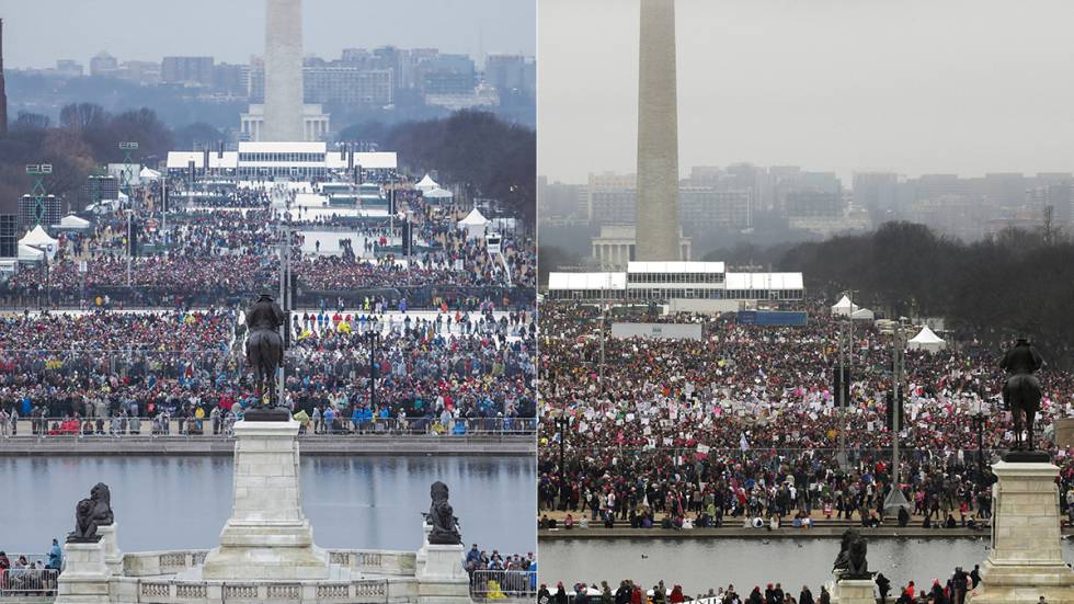 À esquerda, 'National Mall' durante a posse Trump; à la derecha, a manifestação deste sábado.