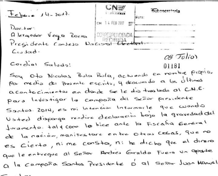 Un fragmento de la carta en la que Otto Bula niega haber entregado dinero a la campaña del presidente Santos. Un fragmento de la carta en la que Otto Bula niega haber entregado dinero a la campaña del presidente Santos.