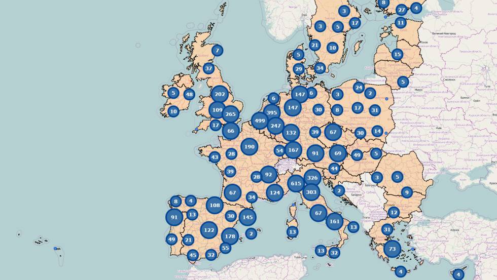 Ubicación geográfica de una muestra de empresas europeas que exportan a Canadá ( enlace a página oficial sobre el CETA de la UE).
