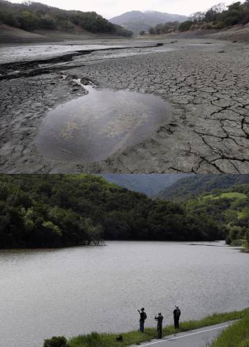 El pantano de Almaden, en California, en febrero de 2014 (arriba) y en abril de este año.