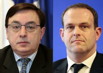 El dirigente del Frente Nacional dimisionario Jean-François Jalkh (izquierda) y su sustituto provisional en el partido de Le Pen Steeve Briois.