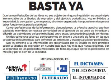 La prensa mexicana dice “basta ya” a las agresiones contra periodistas La prensa mexicana dice “basta ya” a las agresiones contra periodistas