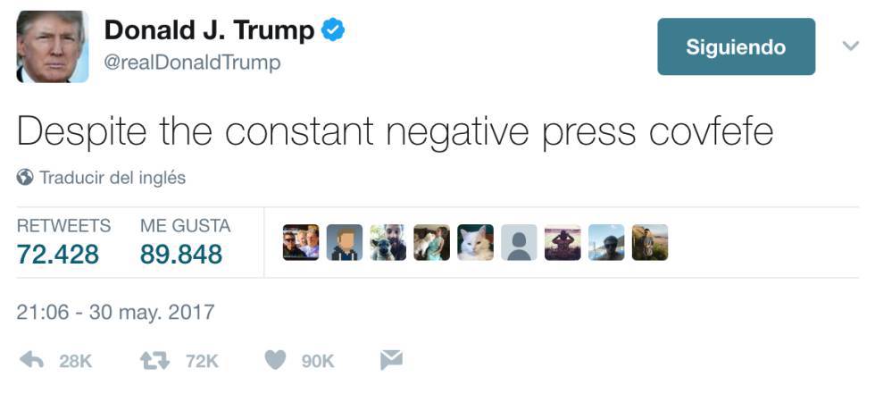 “Covfefe”: un misterioso tuit de Trump a medianoche incendia Internet