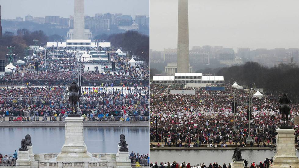 A la izquierda, una vista de la avenida 'National Mall' durante la toma de posesión de Trump y a la derecha la manifestación al día siguiente
