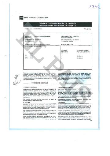 Contrato de apertura de una cuenta cifrada en la BPA vinculada a los padres del exministro de Panamá Demetrio Papadimitriu. El depósito recibió 2 millones de dólares de Odebrecht.