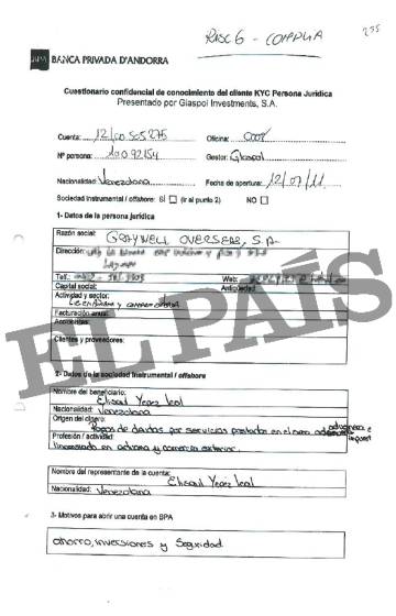 Formulario rellenado por el vicepresidente de Bolipuertos, Elisaul Yépez, para abrir una cuenta en la Banca Privada d'Andorra (BPA) a nombre de la sociedad instrumental (sin actividad) creada en Panamá Graywell Overseas S.A.