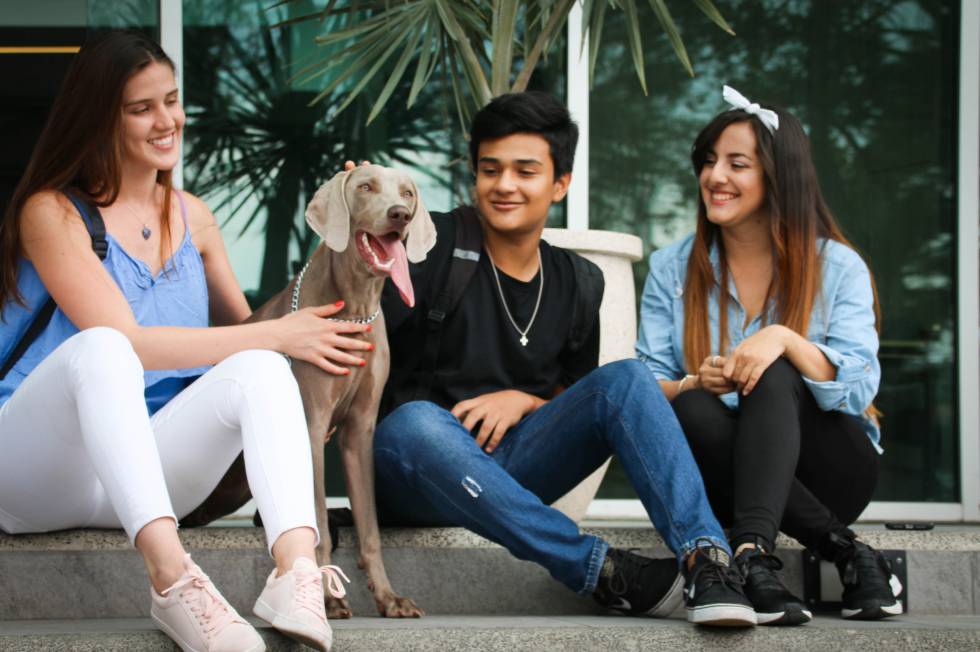 Alumnos de la Ulacit junto a un perro