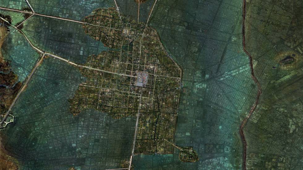 Reconstrucción de la isla de Tenochtitlán sobre un mapa de la Ciudad de México actual.