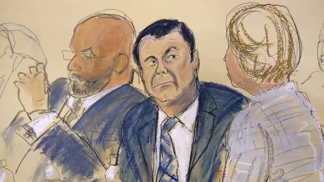 Dibujo de Joaquin 'El Chapo' Guzmán durante el juicio.