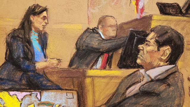 Un dibujo donde aparece Guzmán Loera durante la audiencia.