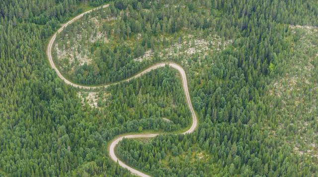 Vista aérea de una carretera en una zona forestal de Värmland (Suecia).