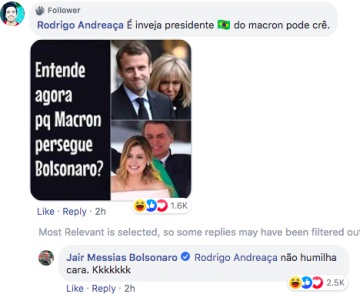 Captura de pantalla del comentario del presidente de Brasil mofándose de Brigitte Macron.