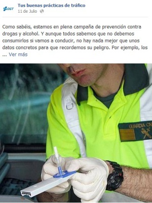 Ejemplo de entrada en Facebook de la DGT, que busca visualizar las campañas de sensibilización Ejemplo de entrada en Facebook de la DGT, que busca visualizar las campañas de sensibilización