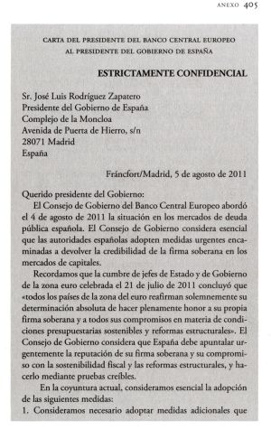 Carta del presidente del Banco Central Europeo a Zapatero. Carta del presidente del Banco Central Europeo a Zapatero.