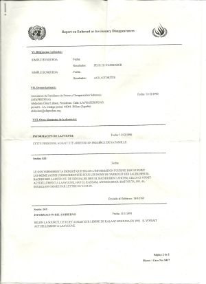 Documento del Grupo de Desapariciones forzadas de la ONU en el que Marruecos asegura que el hermano de Mahmud vive en El Aaiún. Documento del Grupo de Desapariciones forzadas de la ONU en el que Marruecos asegura que el hermano de Mahmud vive en El Aaiún.