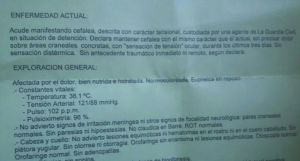Parte médico de Begoña Rodríguez, donde se señala que acudió a urgencias