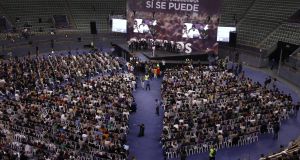 Pablo Iglesias durante la asamblea de Podemos el pasado octubre en plaza de toros de Vistalegre.