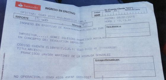 Justificante del ingreso de 15.000 euros para Martínez de la Hidalga.