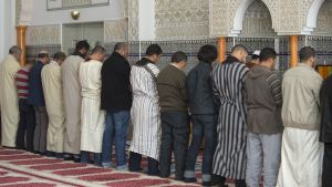 Alumnos del curso organizado por la Federación de Entidades Islámicas rezan en la mezquita de L’Alcúdia.