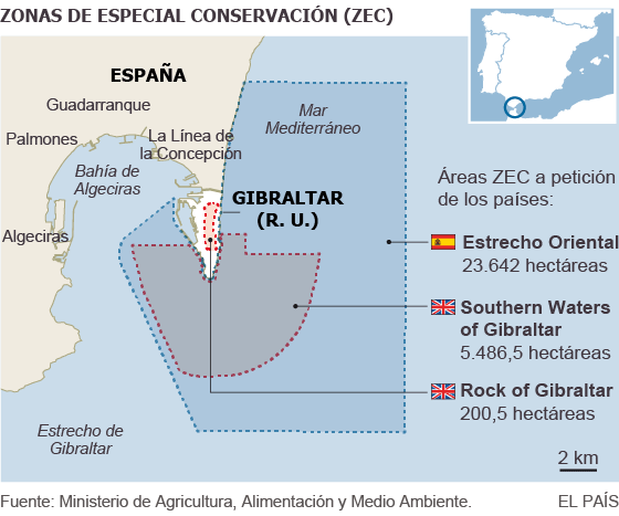 Mapa de la bahía de Algeciras y Gibraltar con las zonas de especial conservación