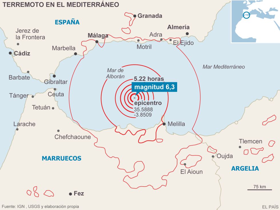 Casi 60 réplicas suceden al fuerte terremoto de Andalucía y Melilla