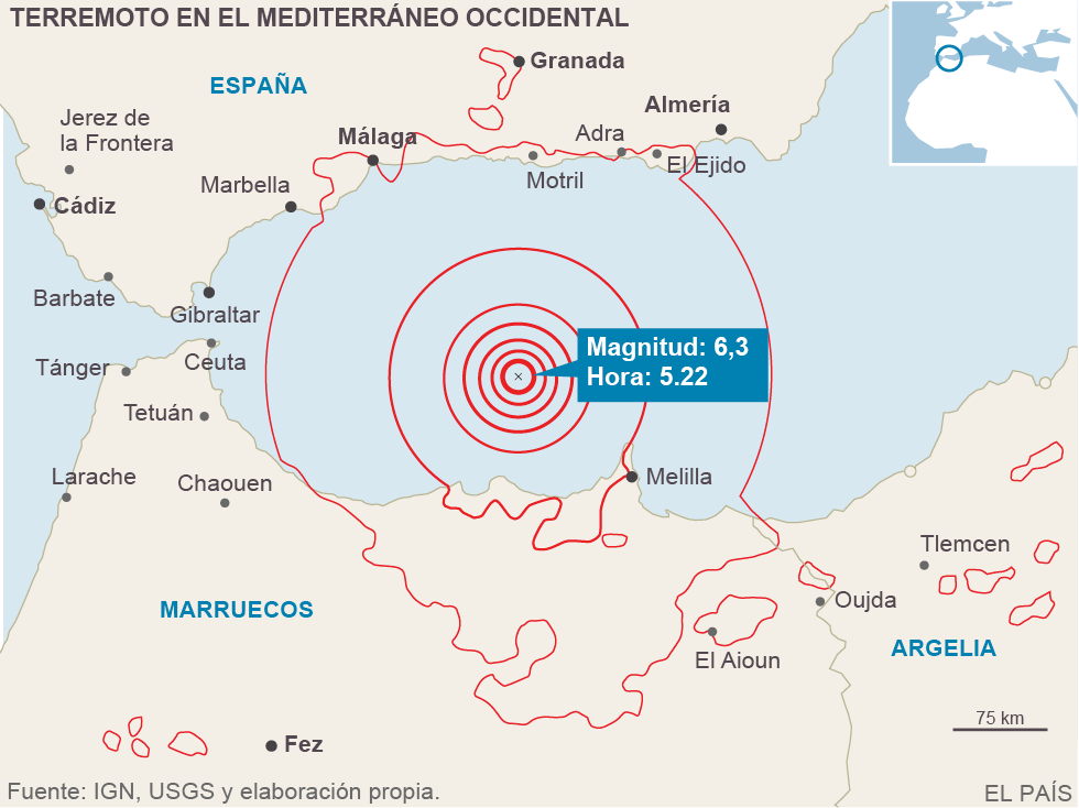 Casi 60 réplicas suceden al fuerte terremoto de Andalucía y Melilla