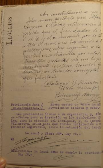 Declaración del cura del pueblo sobre Manuel Lapeña ante en la comisión de incautaciones, en 1937.