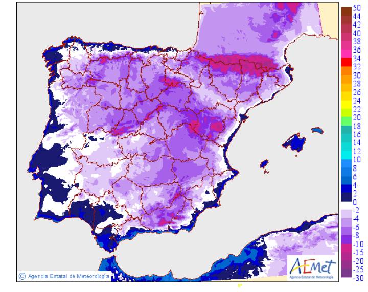 Mapas de temperaturas extremas previstas y de sus variaciones respecto al día anterior. Mapas de temperaturas extremas previstas y de sus variaciones respecto al día anterior.
