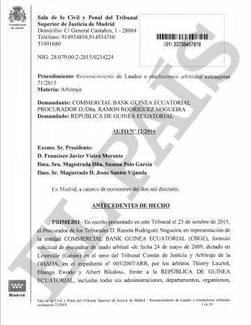 Auto del TSJM que reconoce en España el laudo arbitral africano.