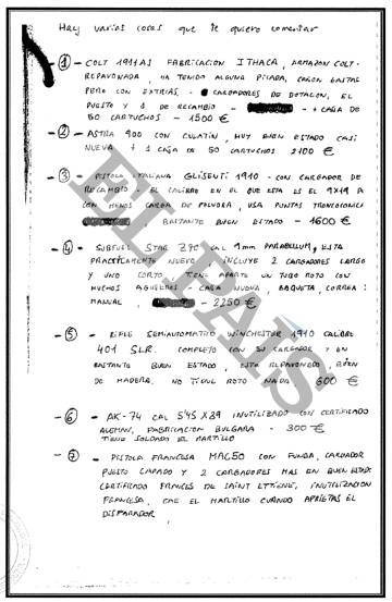 Carta incautada al subteniente del Ejército Francisco Carreras en su domicilio de Alcalá de Henares (Madrid) que revela la correspondencia con sus clientes y proveedores.