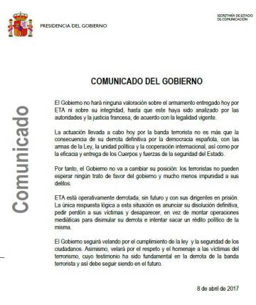 El Gobierno afirma que “la actuación” de ETA no cambia su posición y exige la disolución de la banda