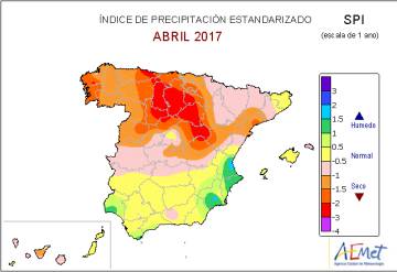Indice de precipitación estandarizado desde hace un año donde se muestra una anomalia seca en la mayor parte del norte de la península.