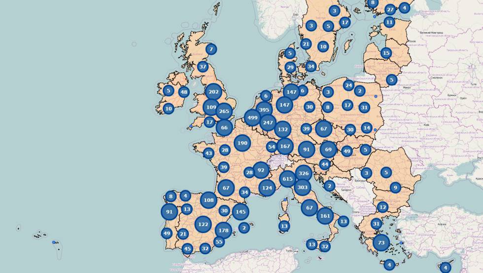 Ubicación geográfica de una muestra de empresas europeas que exportan a Canadá (enlace a página oficial sobre el CETA de la UE).