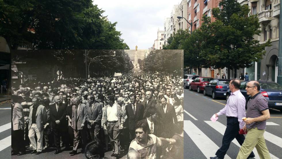 La Gran Vía de Bilbao el 12 de julio de 1997 y 20 años después.