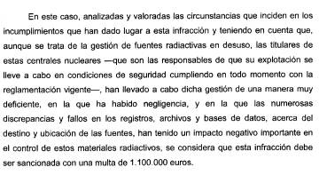 Fragment de l'ordre ministerial que va tancar l'expedient sancionador d'Ascó. Clicant sobre la imatge s'accedeix al document sencer.