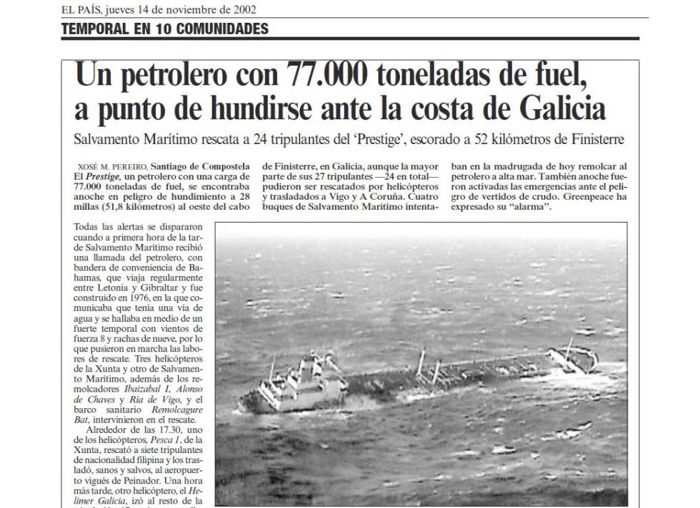 Primera referencia informativa al 'Prestige' en las páginas de EL PAÍS.