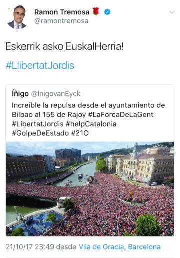 Imagen de una celebración del Athletic de Bilbao compartida por Tremosa como manifestación contra el artículo 155.