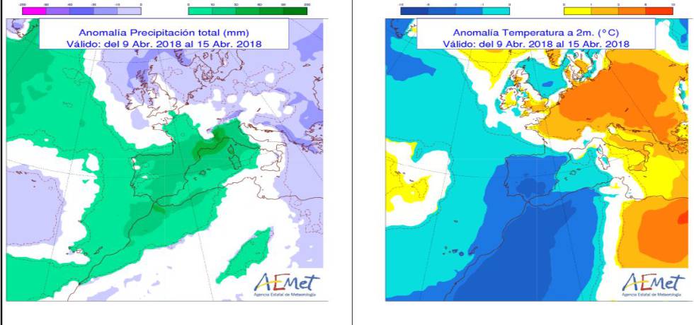 Mapa de lluvia y de temperaturas para la semana que viene.