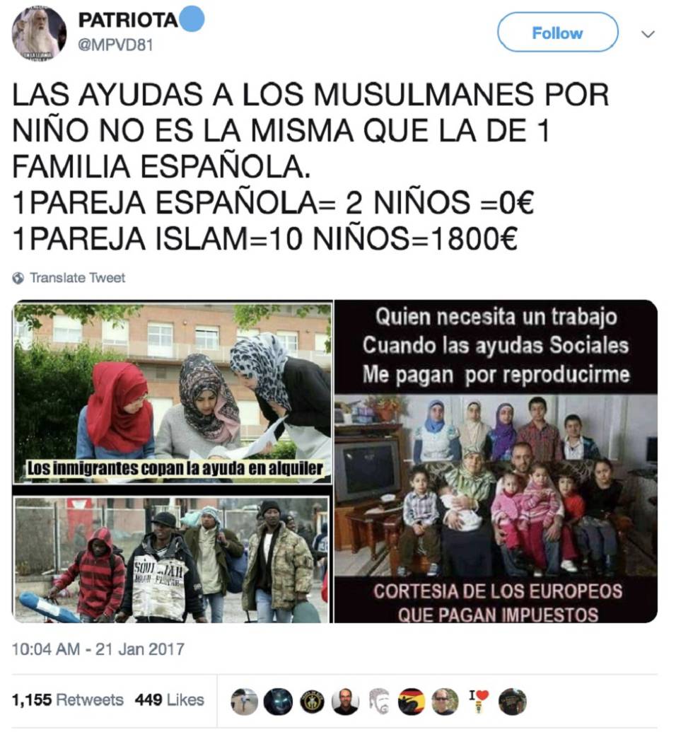 Un tuit con contenido falso e islamófobo difundido por la red de bots afín a Vox
