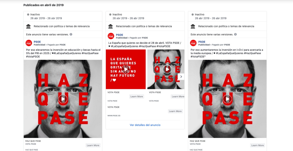 Algunos de los anuncios patrocinados por el PSOE, donde prima la imagen de Pedro Sánchez