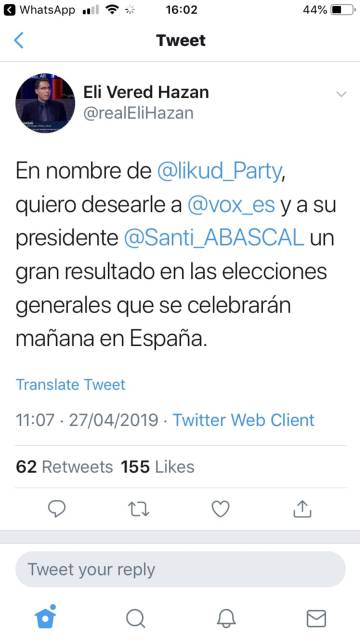Un responsable del partido de Netanyahu desea un “gran resultado” a Vox